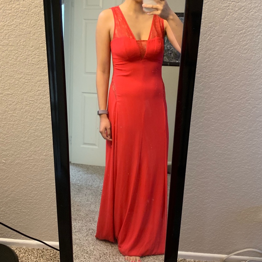 BCBGmaxazria red long Lacey prom dress
